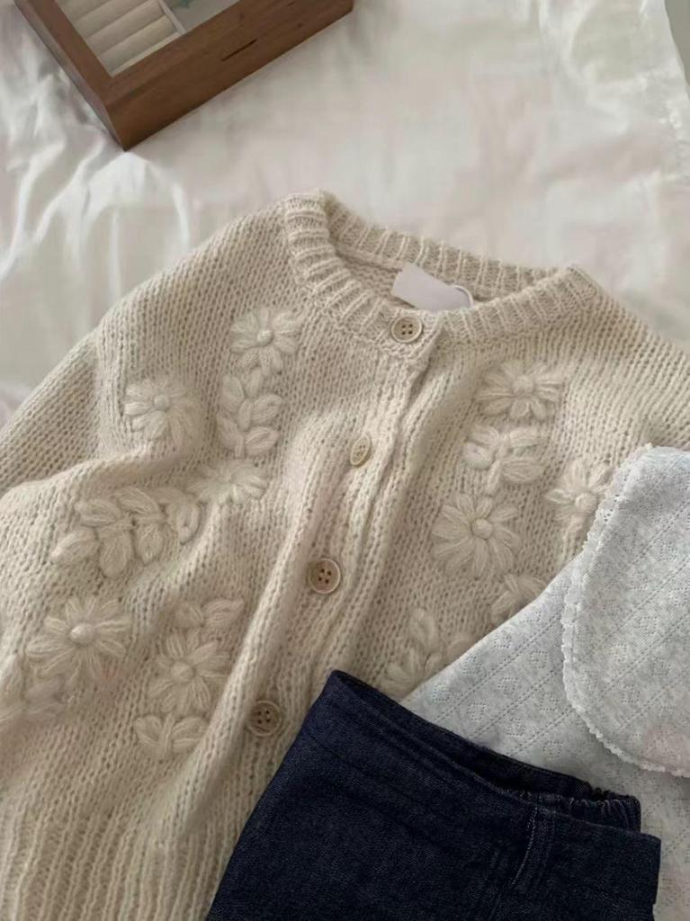 Hand-Embroidered 3D Floral Knit Cardigan for Women - Soft Korean Style Outerwear