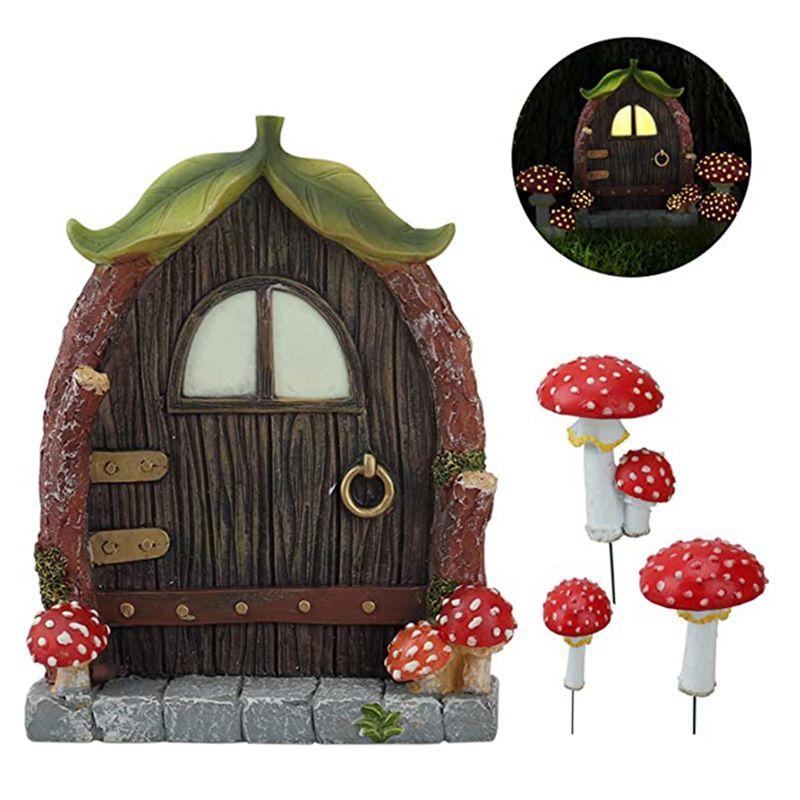 M-Modern-Leuchtender Pilz Türfenster-Schmuck Hofkunst Skulptur Statuen Outdoor Heimdekoration Harz Gartendekoration Für Bäume