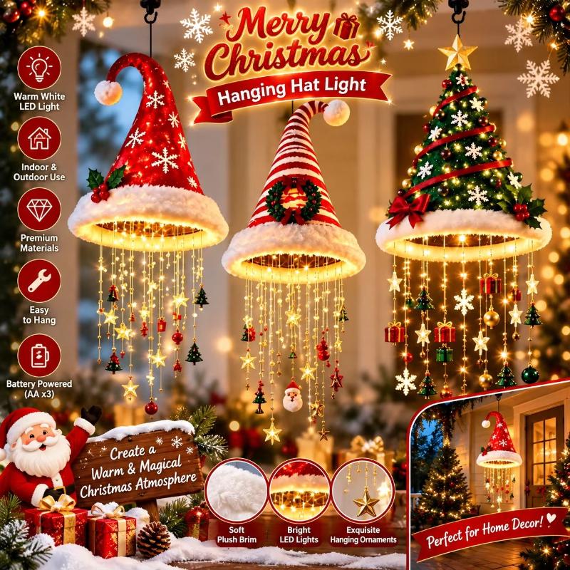 LED Santa Hat Hanging Light Christmas Hat Pendant Lamp with Tassel Bell Star Ornaments Xmas New Year Party Decoration Light