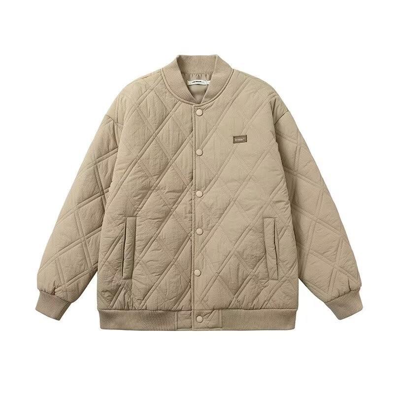 Unisex Retro Diamond Checkered Cotton Baseball Jacket - Thick, Warm, and Casual for Winter