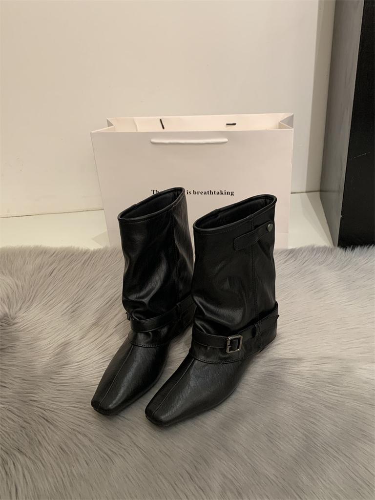 Cowhide~ Autumn and Winter Retro Tube Pants Tube Boots Square Head Short Boots Women's Fashionable Versatile Fashion Boots Sleeve Martin Boots