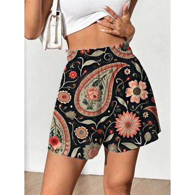 Letnie casualowe luźne spodenki damskie z vintage wzorem paisley i kwiatowym na czarnym tle