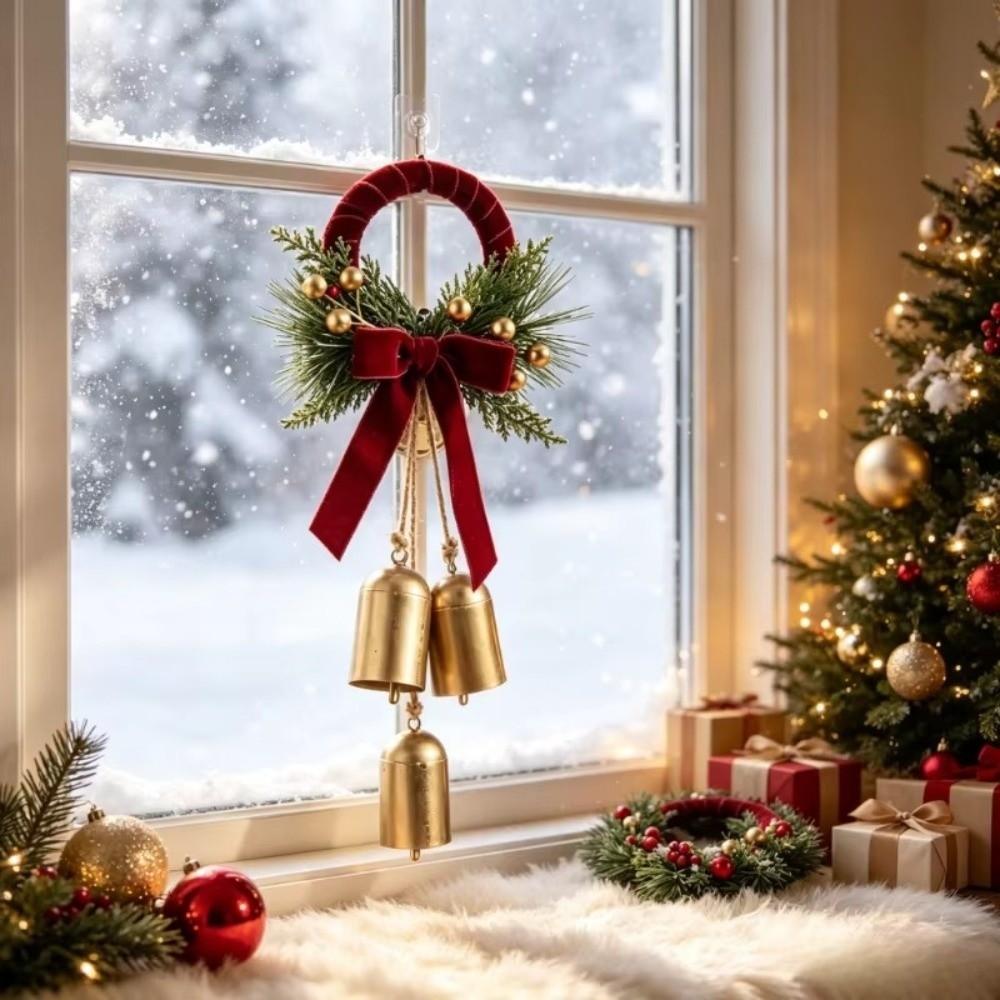 Pine Needles Christmas Bell Door Hanger with 3 Bells Velvet Bow Bell Ornament Foyer Decor