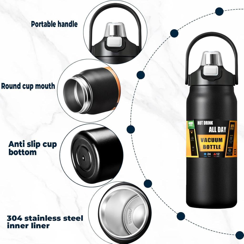 1500ML/50Oz 304 Stainless Steel Thermos Outdoor Portable Sports Vacuum Flasks with Straw Large Capacity Travel Water Bottle Mug