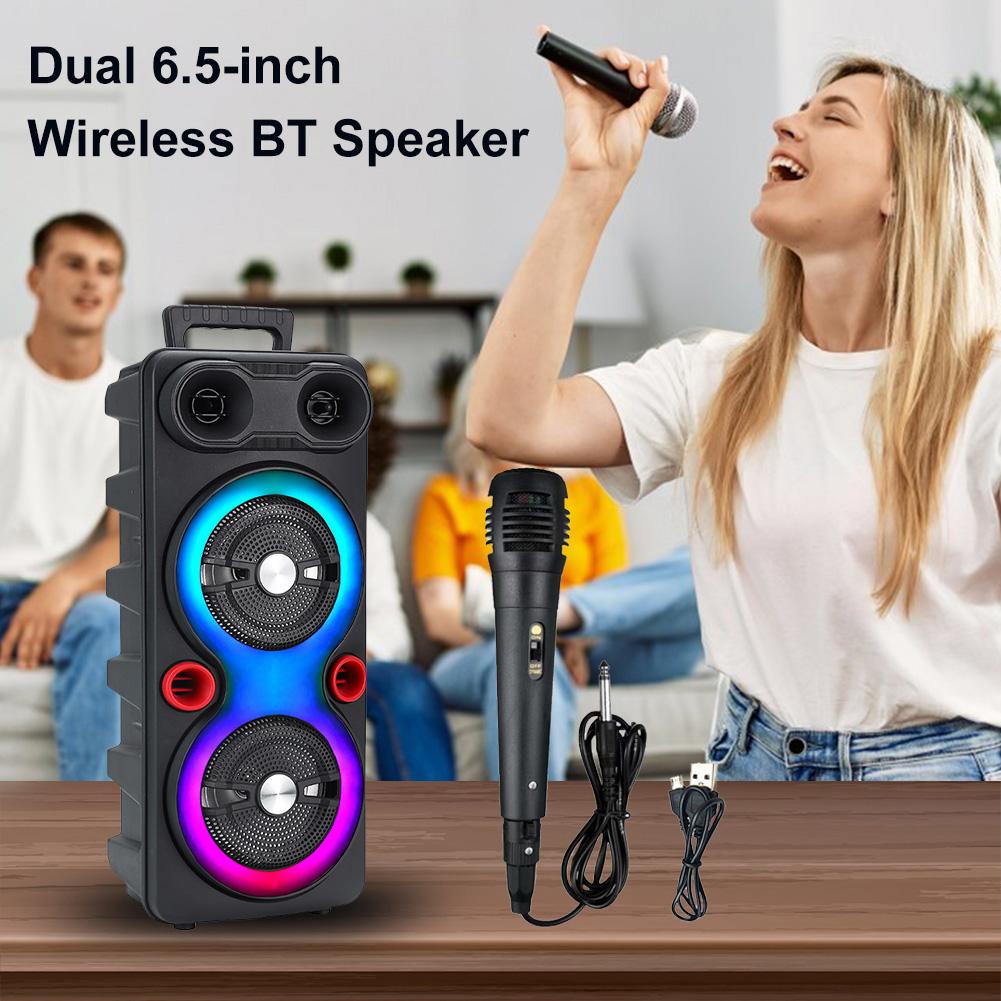 Outdoor Portable Speaker BT 5.0 6.5 Inch Stereo Subwoofer LED AUX Karaoke Machine with Mic FM Radio RGB Party Sound Box