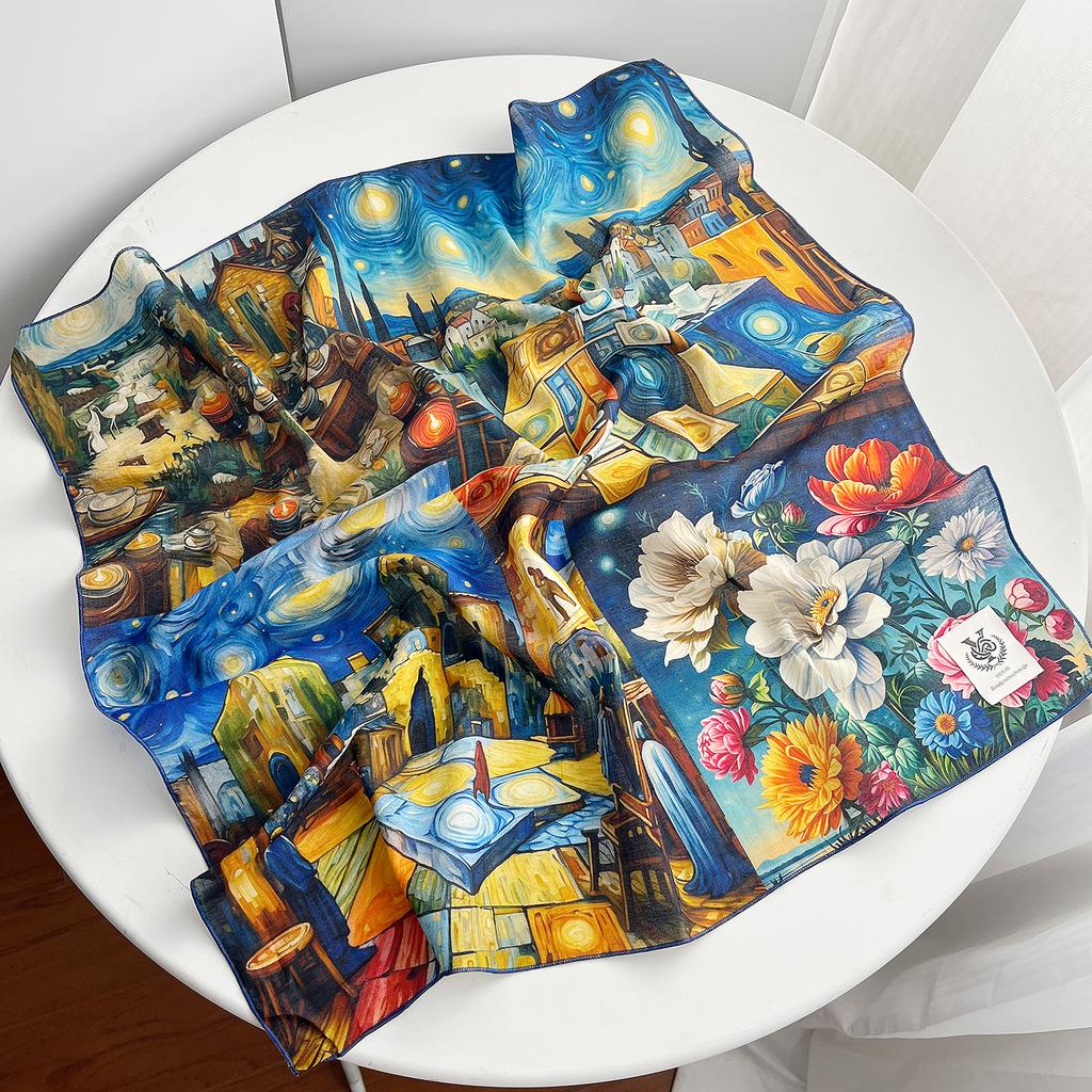 1116 new 111% pure cotton small square scarf spring and summer oil painting fashion versatile silk scarf shirt decorative scarf