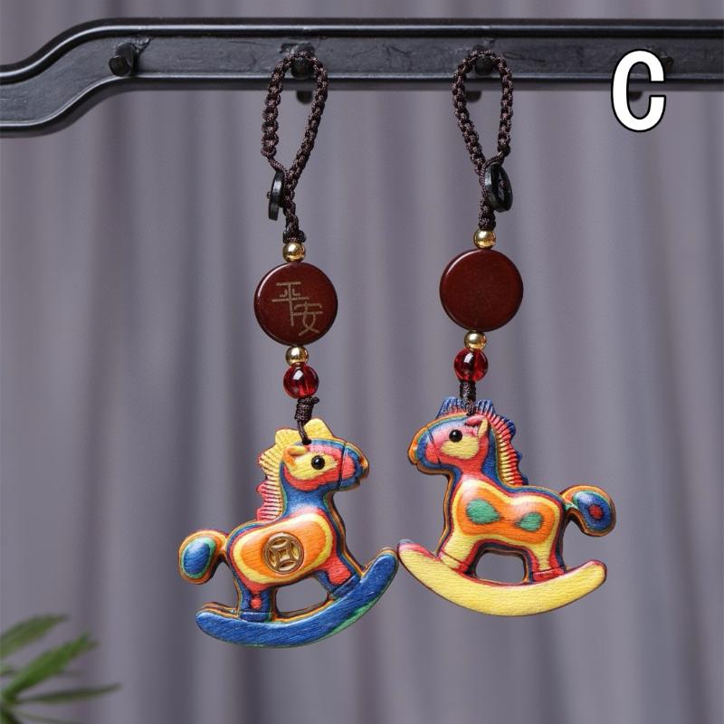 Becoming Rich Zodiac Horse Key Chain Cartoon Handmade Rope Wood Phone Chain Lanyard Sandalwood Chinese Style Key Ring New Year