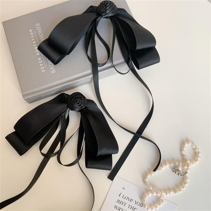 Black Camellia Bow Ribbon Hairpin French Hair Clip Women Girly High-End Elegant Hair Up Top Clip Mourning Funeral Hair Accessory