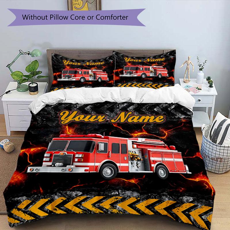 3PC Custom Name Fire Truck Adventure Bedding Set Duvet Cover Closure Includes 1 Duvet Cover & 2 Pillowcases for Bedroom