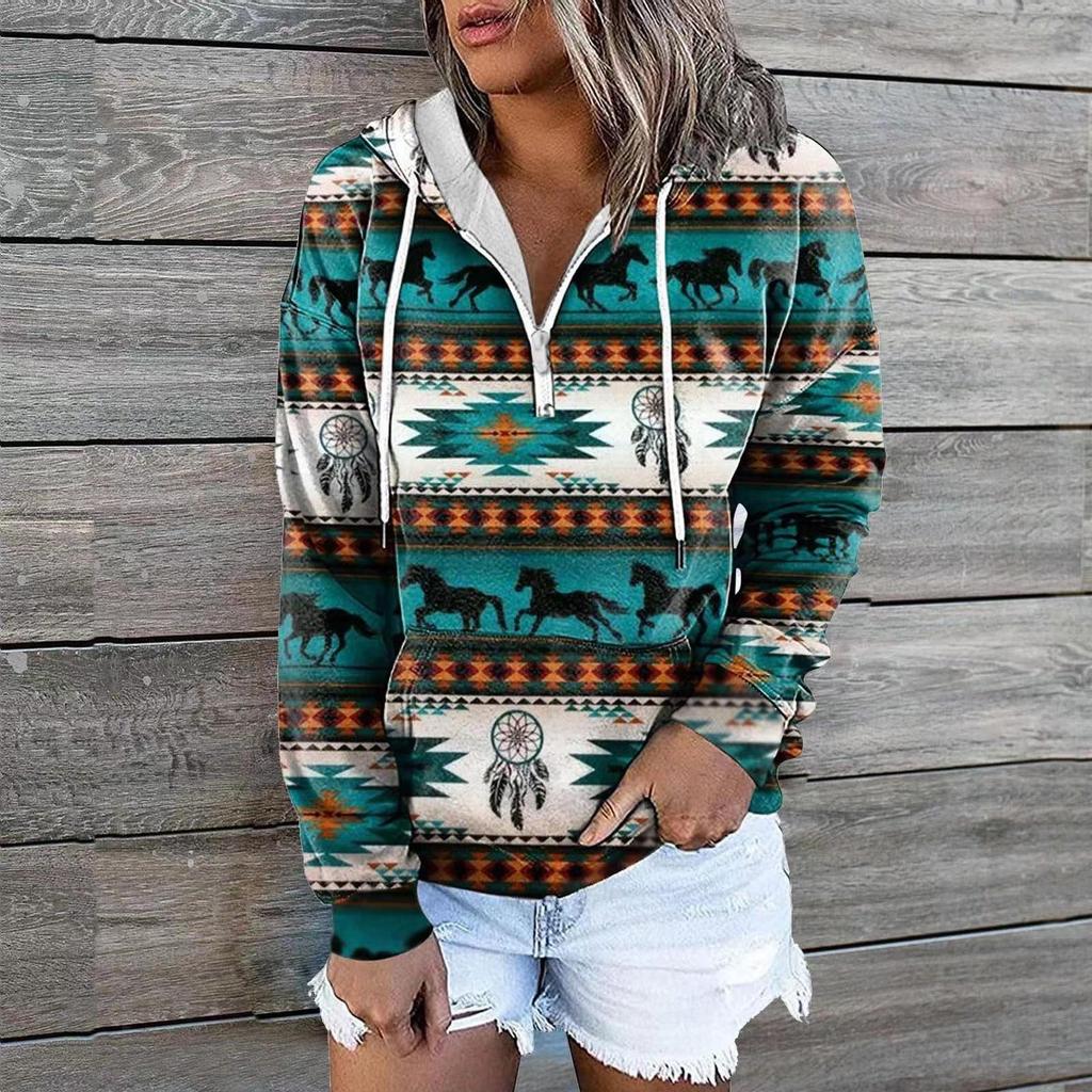 Women 3d Printed Pocket Vintage Plus Size Hoodies Autumn Winter Drop Shoulder Long Sleeve Pullover Casual Hooded Sweatshirt Tops
