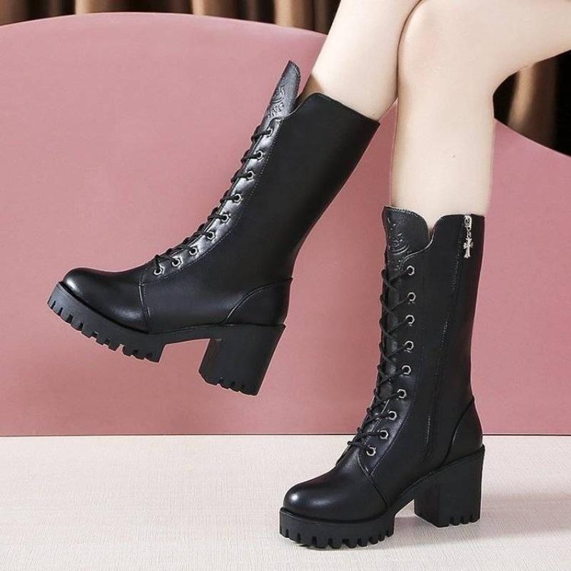 Elegant Heeled Lace-up Fleece-Lined Autumn Winter Half High Boots for Women Black Leather 2025 New Goth Y2k Mid Calf Shoes Woman