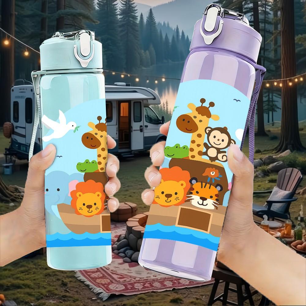 1PC Noah Ark Animal Cartoon Print 750ml Color Plastic Sports Water Bottle Leakproof Flip Straw Lid Suitable for Sports Office Home Use