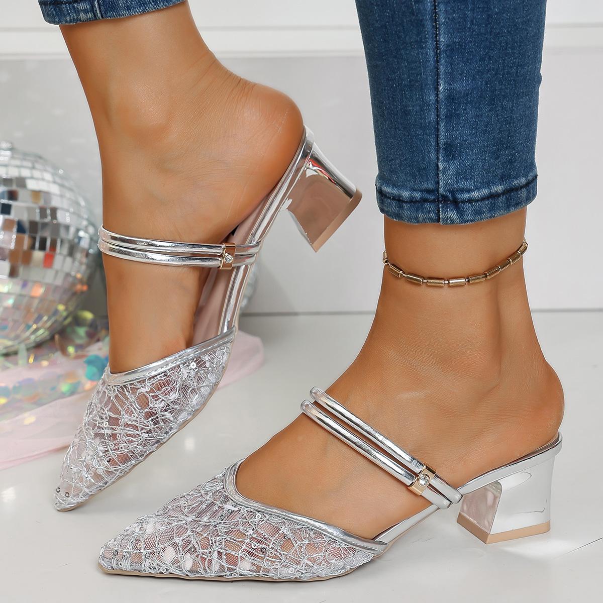 

Gold Breathable Lace Strap Mules Slippers Women 2025 Summer Pointed Toe Medium Heel Slip On Sandals Silver Party Sandals 43 серебряный