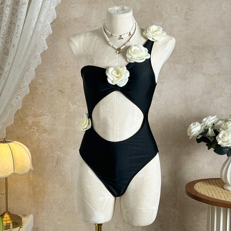 Sexy One Shoulder Swimwear Women 3D Flower Hollow Out Backless One Piece Swimsuit Black White Bathing Suit Holiday
