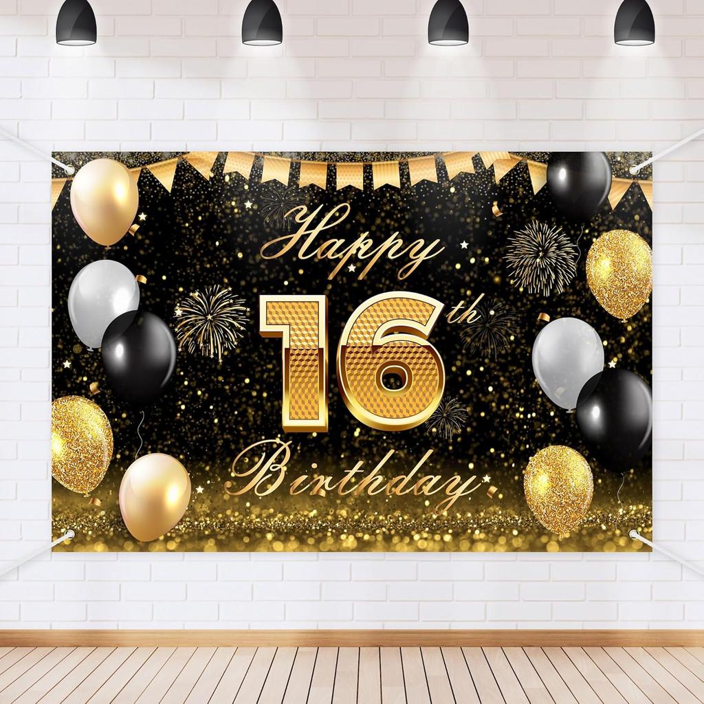 Black Gold Happy Birthday Backdrop Banner Glitter Black Gold Theme Photography Photo Prop Background Decor for Men Women Boys Girls Celebration