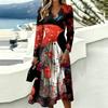 Women's Halloween Print Long Sleeve V-Neck Dress with Pockets for Casual Stylish Wear