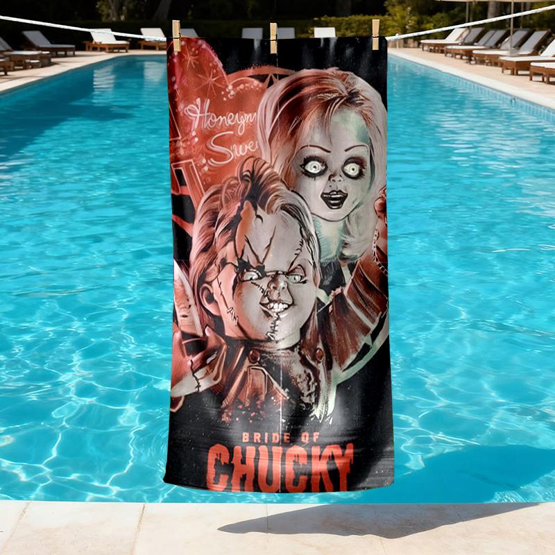 Bride of Chucky Print Beach Towel Design, Soft, Lightweight. for Home Bathroom, Spa, Pool, Yoga, Surfing, Camping, Gift for Family, Friend