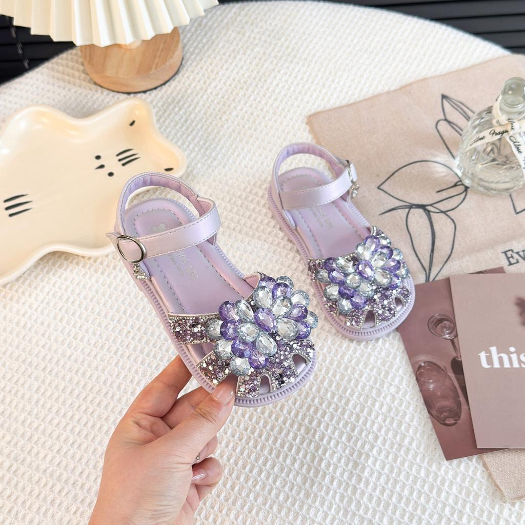 2026New Summer Sandals for Girls, Korean Style Children's Shoes with Big Bow and Sparkling Rhinestones, Dance Princess Shoes