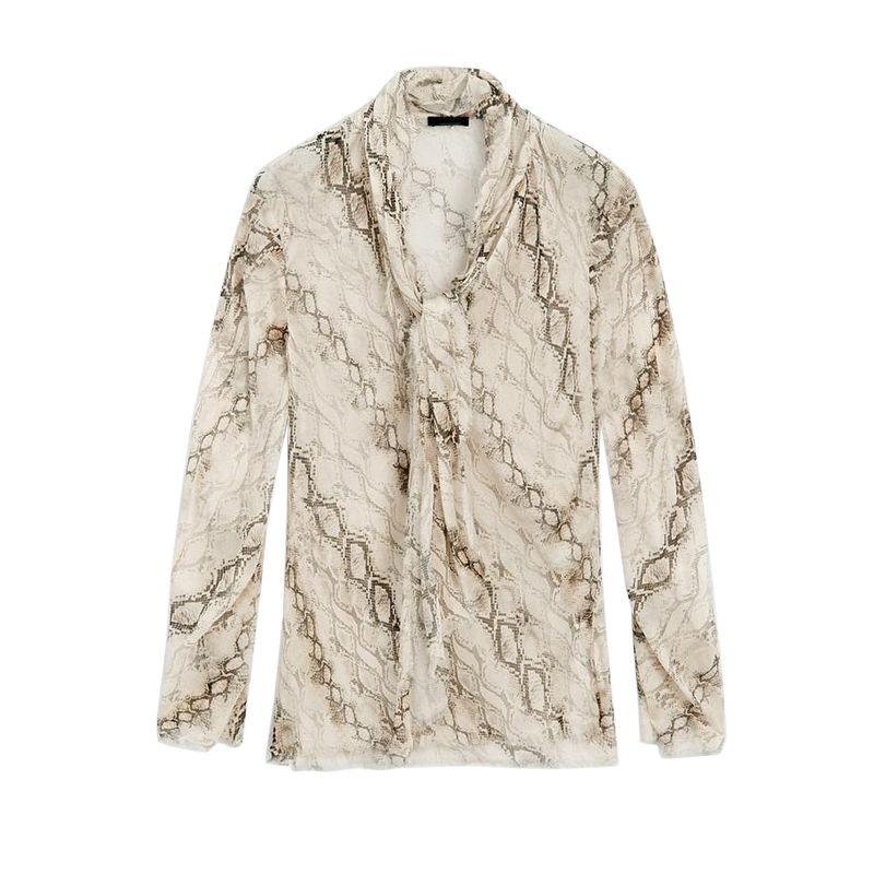 MD Spring New Women's Clothing French Style Semi See-through Light and Elegant Snake Pattern Scarf Collar Long Sleeves Shirt 5113882