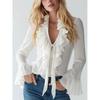 Spring and Autumn New Elegant Women's Ruffled Solid Color V-neck Puff Sleeve Blouse