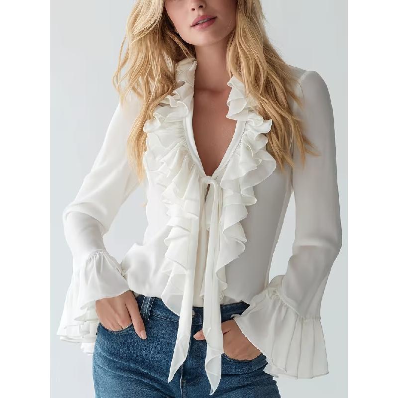 Spring and Autumn New Elegant Women's Ruffled Solid Color V-neck Puff Sleeve Blouse