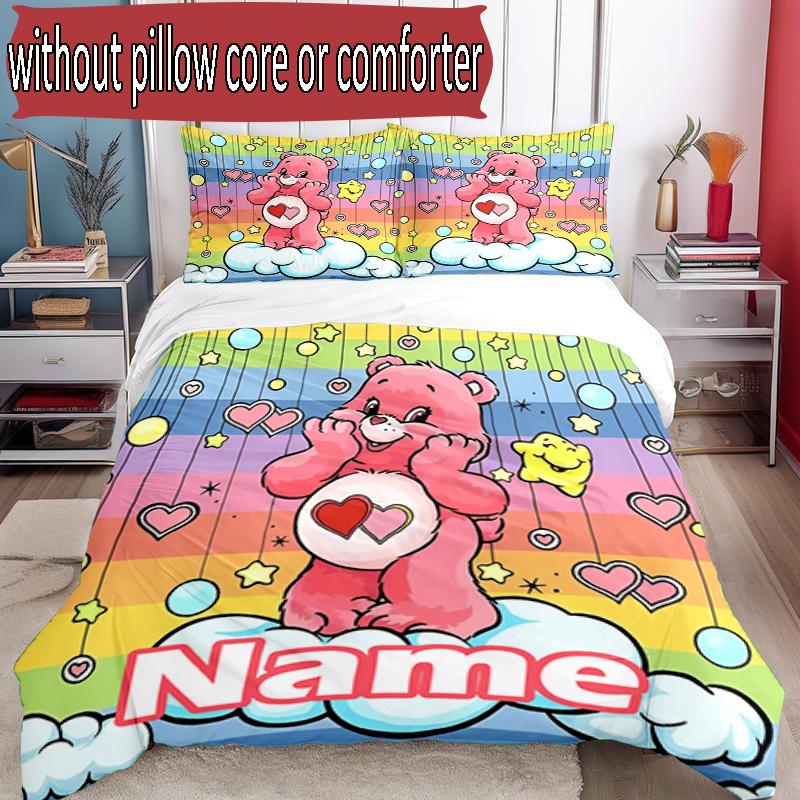 3'lü Nevresim Takımı (1*Nevresim Kılıfı + 2*Yastık Kılıfı, Çekirdeksiz), Kişiye Özel İsimli Care Bears Desenli Nevresim Takımı, Ev Yatak Odası Dekorasyon Hediyesi