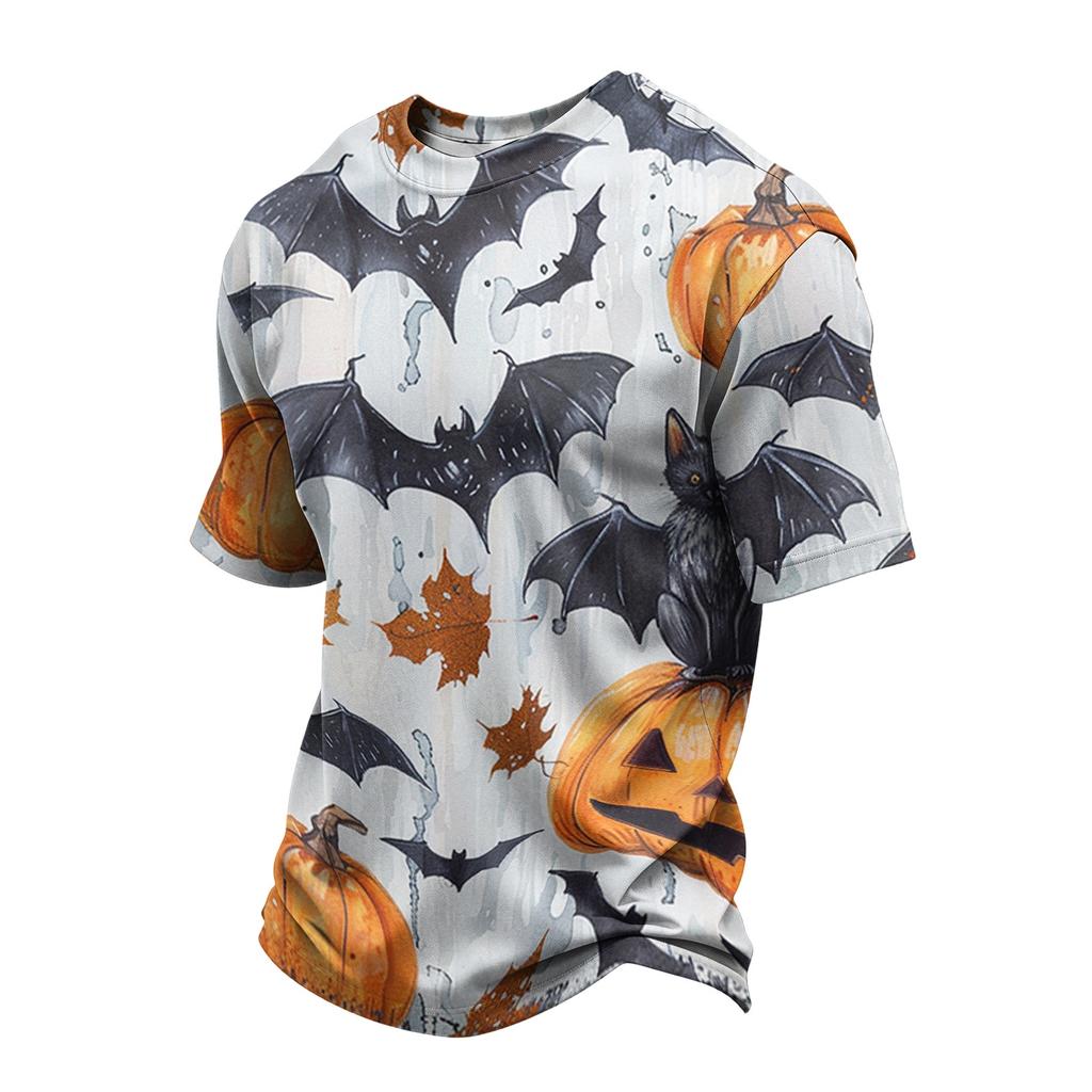 Men's Casual Short Sleeve T-Shirt Lightweight Breathable Fabric Crew Neck Halloween Pumpkin Pattern Printed Top