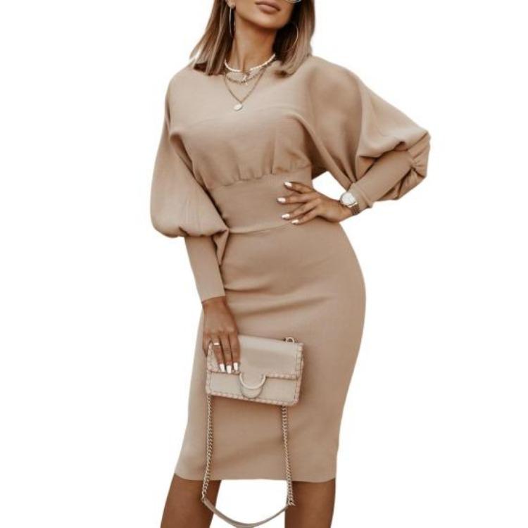 Women Elegant Solid Color Lantern Long Sleeves Dress Cinched Waist Casual Office Daily Life Party Sandals High Heels M бежевый
