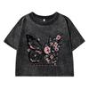 Women Cotton Washed T-Shirts Summer Distressed Regular Fit Crop Tops Rose Butterfly Impossible Letter Prints Clothes