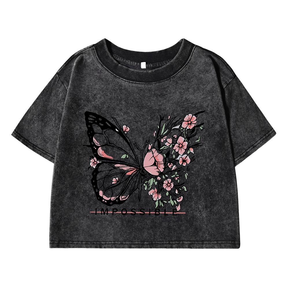 Women Cotton Washed T-Shirts Summer Distressed Regular Fit Crop Tops Rose Butterfly Impossible Letter Prints Clothes