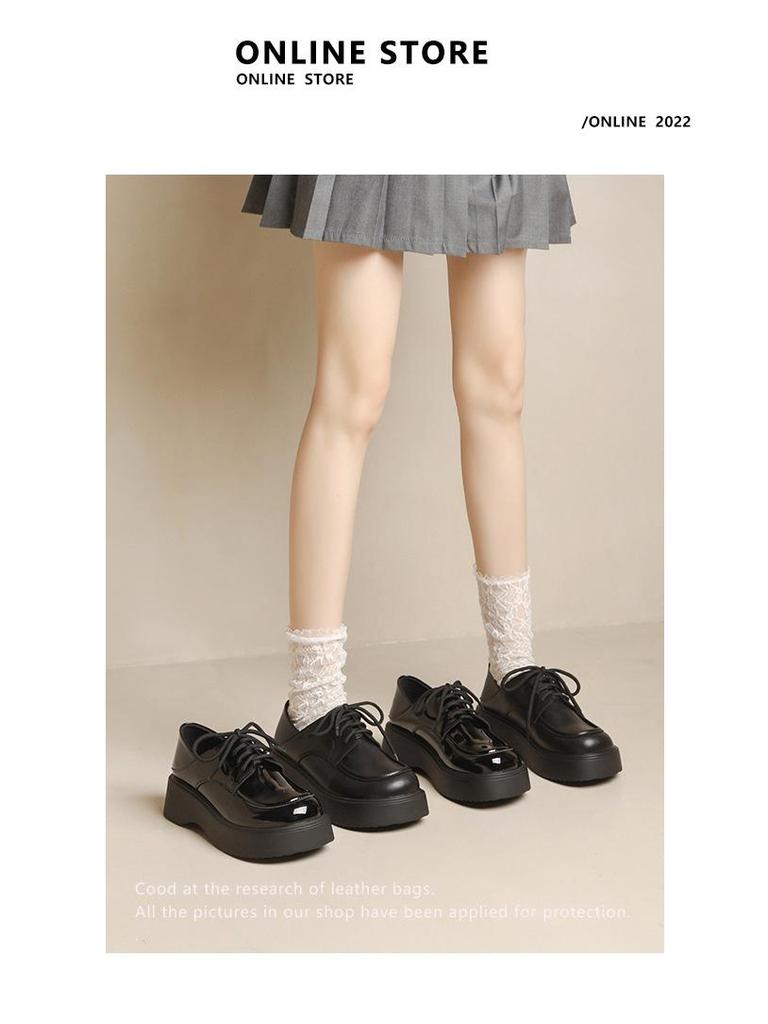 Damen Schwarz Echtes Leder Schnürung Höhenverstellbar Britischer Stil Loafer mit Plüschfutter und Dicker Sohle, 2023 Edition.