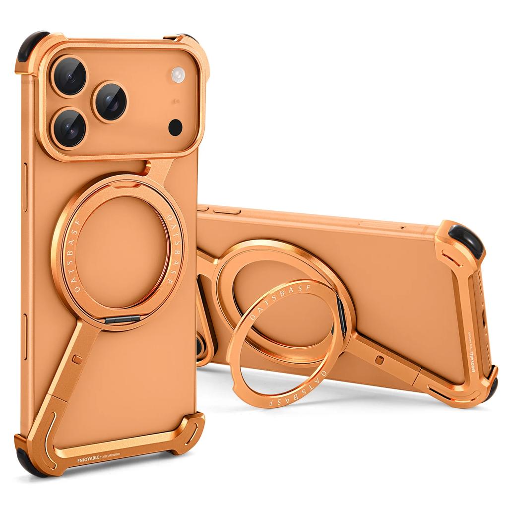Oatsbasf Frameless Metal Phone Case for 17 Air/17 Pro/Pro Max with Kickstand 360° Rotatable Magsafe Protective Shockproof
