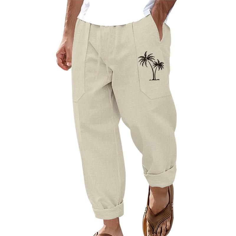 New fashion casual beach trousers men's coconut tree print cotton and linen loose trousers