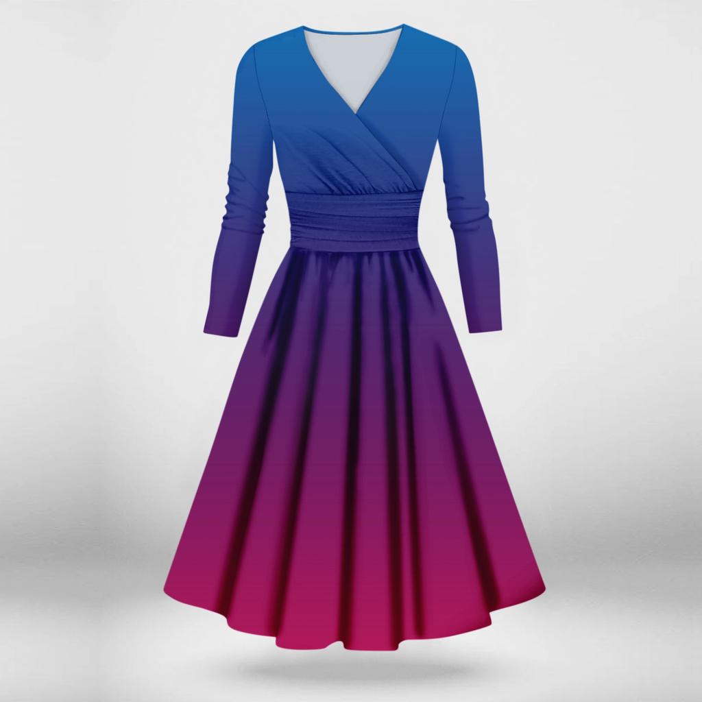 Dámské ležérní a módní sexy šaty s dlouhým rukávem a výstřihem do V s přechodem