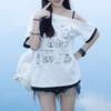 Japanese Y2k Subculture Cute T Shirt Off-shoulder White Short-sleeved Summer T-shirt Woman Cartoon Print Sweet Harajuku Tees