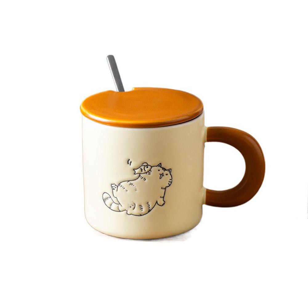 Hand Drawn Ceramic Coffee Cup with Spoon Water Cup with Lid Cartoon Cat Drinkware  Milk