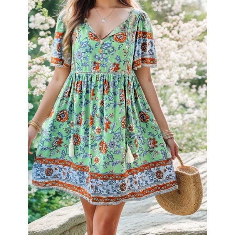 Damen Blumendruck Boho Strand Minikleid Sommer V-Ausschnitt Kurzarm Schnürung Lässige Lose Urlaubskleider Robe Weiblich