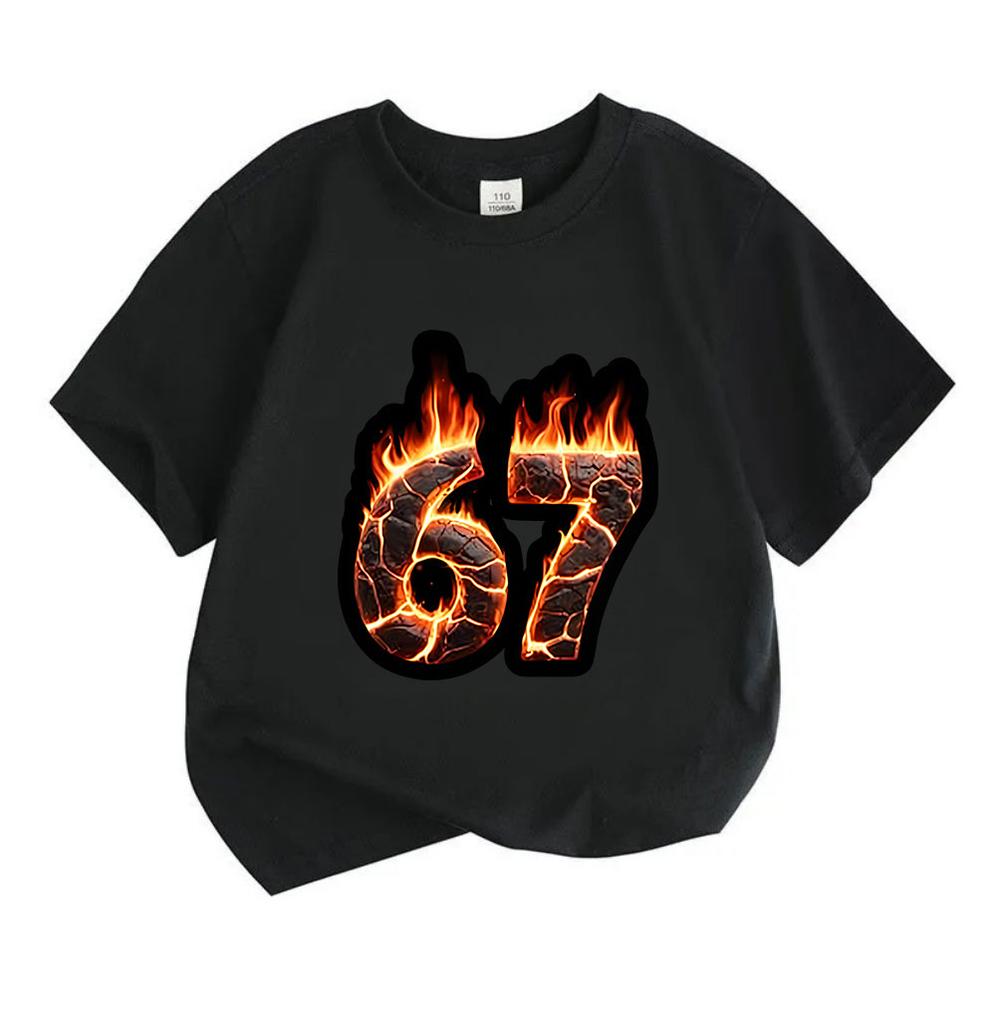 Kids Boys Girls 100% Cotton Crew Neck Short Sleeve T-Shirt, Cool Fiery Cracked Lava Number 67 Pattern Casual Soft Tee for Daily Wear