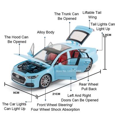 1:24 Scale Alloy A7 A8 Cars Model Toys Wheel Pull Back Car Models With Light Sound Vehicle Collections Toy For Boyfriend Gifts