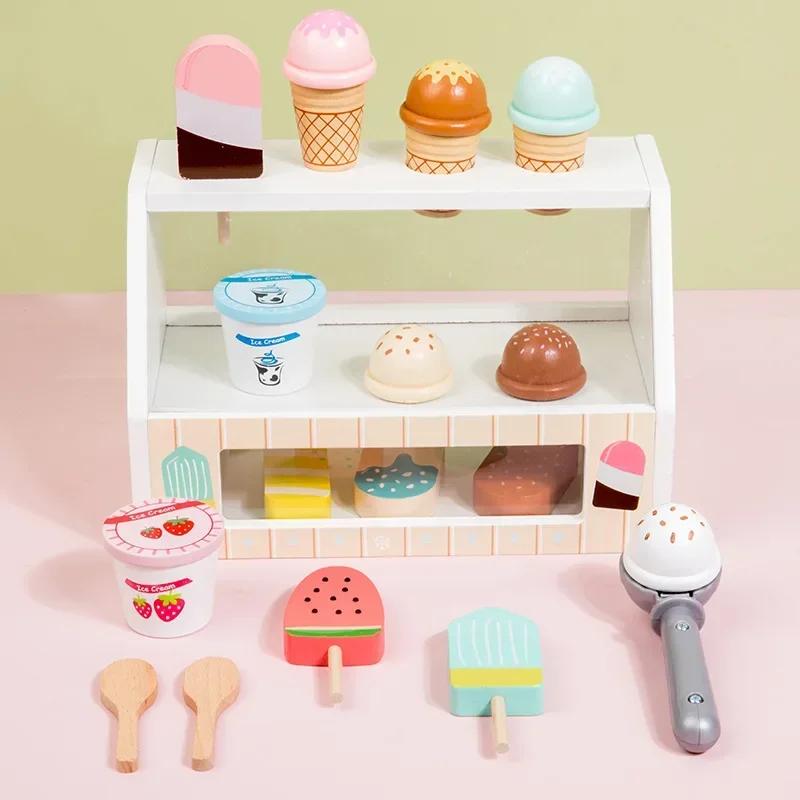 Wooden Ice Cream Counter Playset for Toddler Toy Montessori Kitchen Pretend Play Toy Kitchen Accessories Kids Role Playing Games