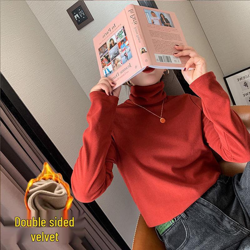 Women's Velvet High-Neck Double-Sided Warm Turtleneck Long-Sleeve Top - Autumn & Winter Slim Fit