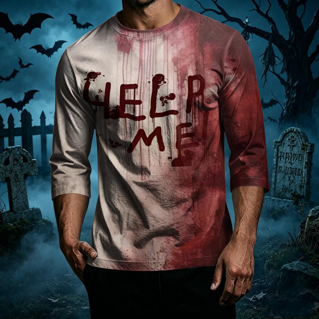 Men's Casual Halloween Print Crew Neck T Shirt Three Quarter Sleeve Top Comfortable Fit Lightweight Fabric Suitable for Everyday Wear
