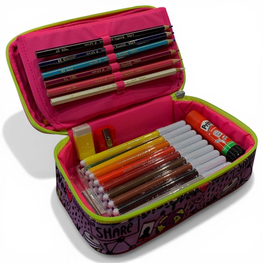 Sj Gang Girls' School Pencil Case - Set with Crayons, Markers and Pens
