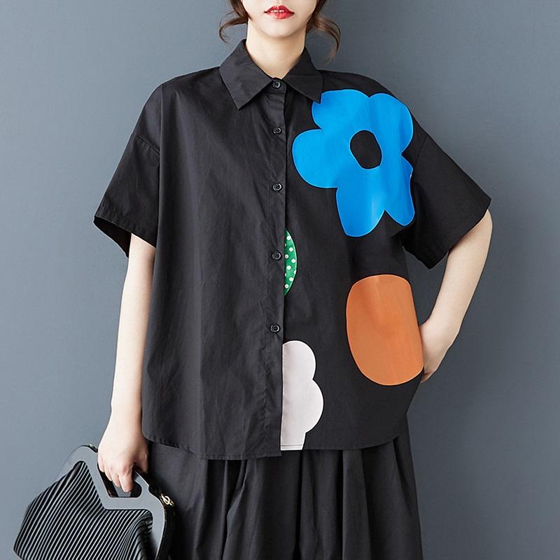 Kurzärmlige übergroße Vintage-Blumenhemden & -blusen aus Baumwolle für Bluse Lässige lockere Sommeroberteile Damen Button-up-Hemd
