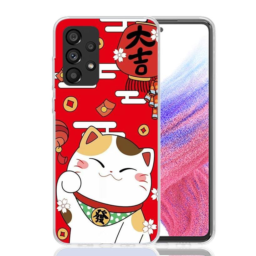Étui de téléphone japonais Chat Porte-Bonheur Maneki Neko pour Samsung Galaxy A17 A16 A15 A14 A13 A57 A56 A55 A54 A53 A37 A36 A35 A34 A33 A26 A25