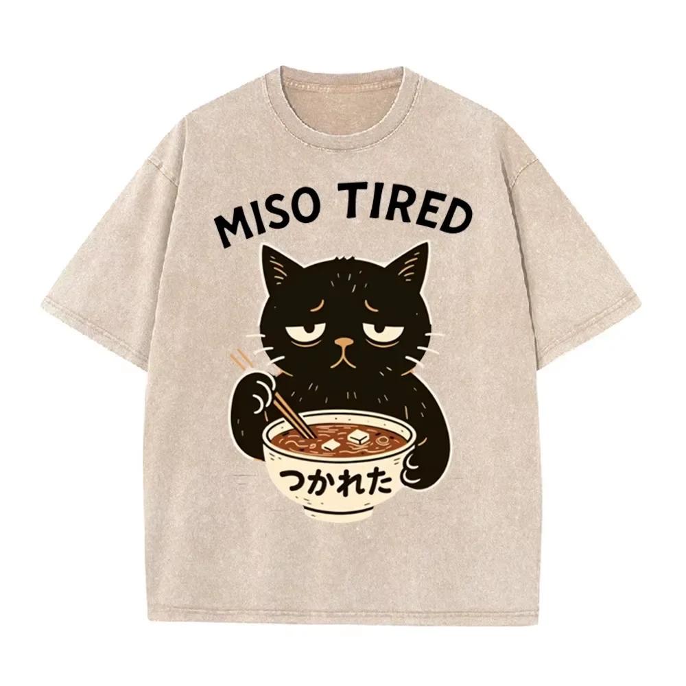 Vintage Washed Purple "Miso Tired" Black Cat Miso Soup Casual T Shirt