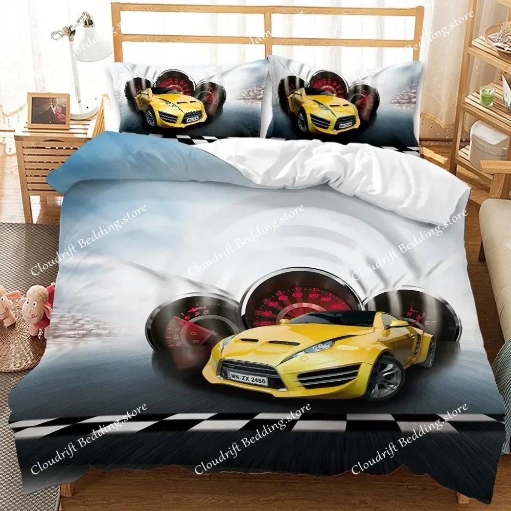 Race Car Duvet Cover Set King Queen Twin Size Red Flame Comforter Cover 3D Sport Car Theme for Boys Girl Polyester Bedding Set