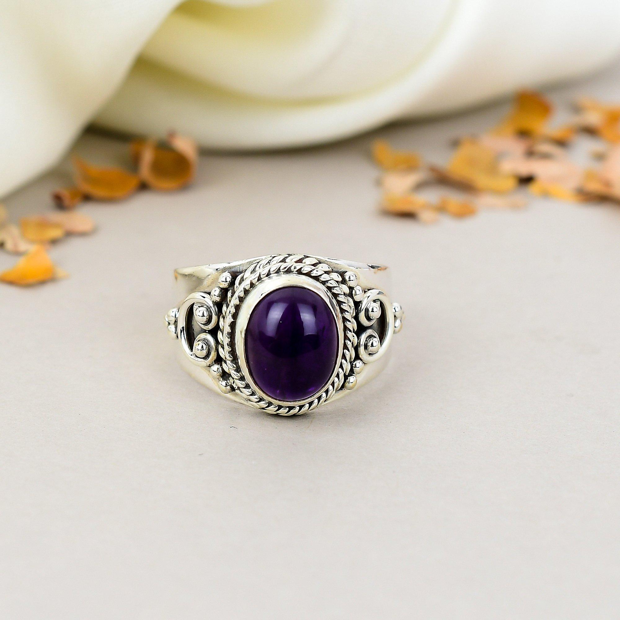 

925 Sterling Silver Amethyst Oval Shape Purple Gemstone Boho Ring For Women 10