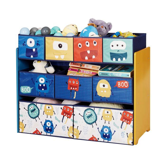 GINGER HOME – Organiseur jouets enfant 9 bacs tissu (2G,3M,4P), MDF/acier, motif MONSTER, 92×30×60 cm