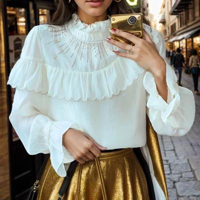 Ruffled Collar Flare Sleeve Lace Blouse Women Tops Vintage Solid Elegant Shirt Woman Fashion Sweet Shirts Clothes 29757